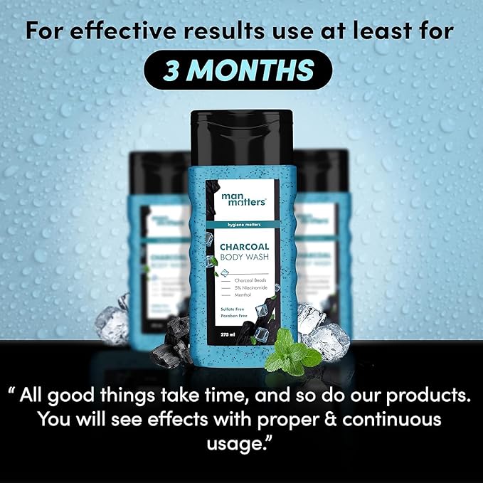 Manm Matters 3 in 1 Action Charcoal and Menthol Body Wash | With Menthol 5% Niacinamide &amp Activated Charcoal Beads | For Instant Cooling Odor Protection &amp Improves Skin texture | 250ml