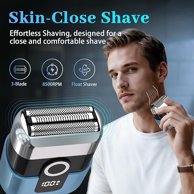 Electric Foil Shaver for Men: Mini Electric Razor for Face/Beard - 3 Floating Blades Cordless Razor with LED Display - IPX7 Waterproof Wet Dry Shaving for Travel &amp Home USB Type C