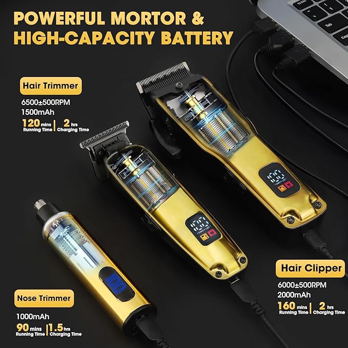 Dumite 4-in-1 Hair Clippers for Men Professional Cordless Barber Hair Cutting Kit T-Blade Trimmer Electric Foil Shaver Nose Hair Trimmer LCD Display Grooming Gift Set (Gold)