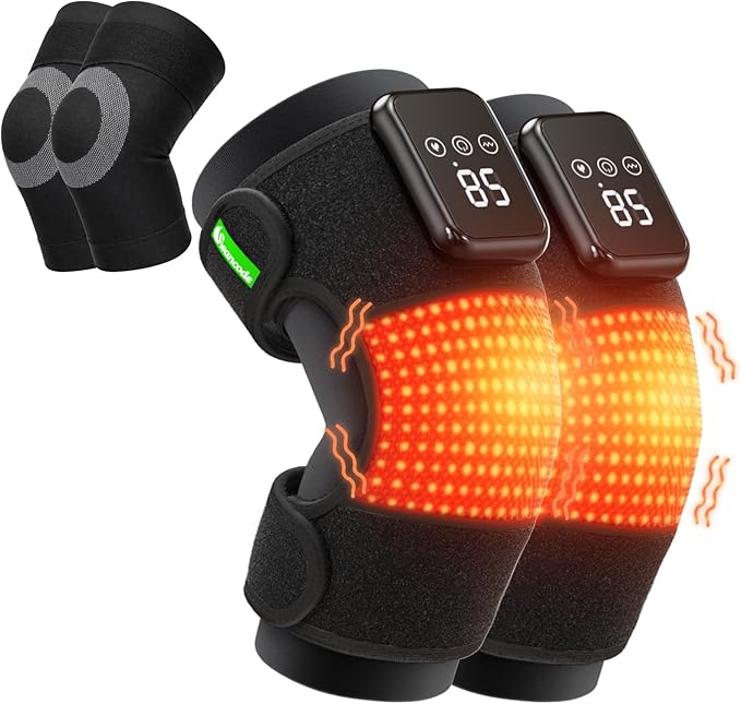 3-in-1 Knee Massager for Pain Relief with Heat Portable Heated Knee Brace with Extension Strap for Knee Elbow &amp Shoulder Cordless Rechargeable Electric Massagers for Joint Comfort (Pair)