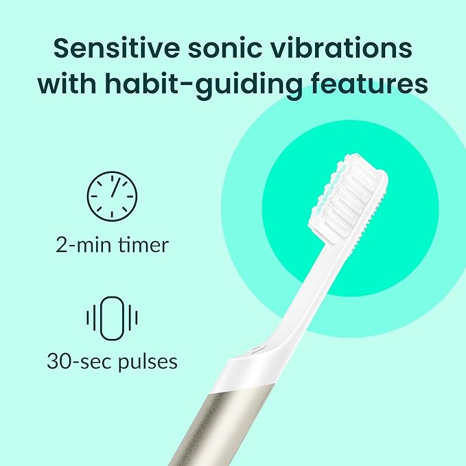 Quip Metal Sonic Electric Toothbrush for Adults - Time Travel &amp Soft Bristles with Travel Case &amp Replacement Brush Head - 3 Month Battery Life Champagne
