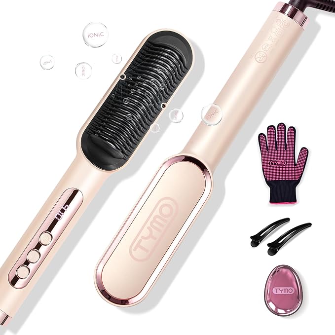 TYMO Ring Plus Ionic Hair Straightener Brush - Straightening Comb with Negative Ions for Women Titanium Coating 9 Temp Settings &amp LED Display Dual Voltage Professional Styling Tools Gold Blus