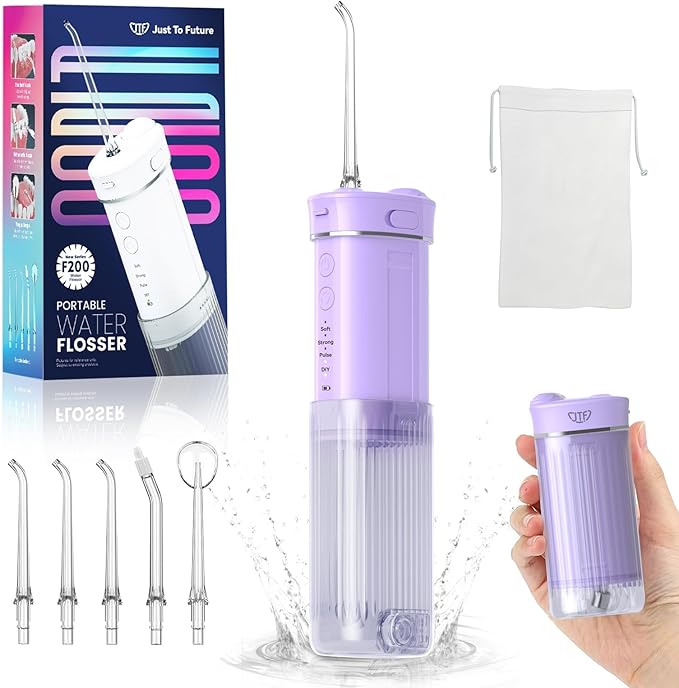 JTF Portable Water Flosser for Travel: Compact Mini Design 3 Modes &amp 8 DIY Pressure Levels for Sensitive Teeth &amp Braces - with 5 Nozzles &amp Removable 230ml Tank Cordless Oral Irrigator fo