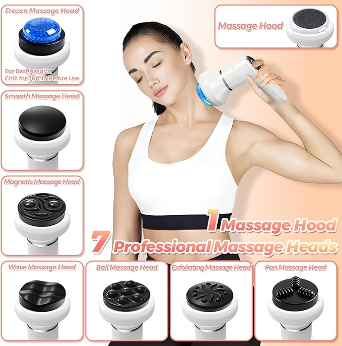 Joyzan Cordless Cellulite Massager Handheld Body Massage Lymphatic Tool Mini Drainage Sculpting Machine Electric Rechargeable Portable Roller 6 Speeds 7 Heads Legs Thighs Butt Neck Belly Fat Arms