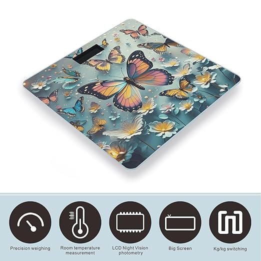 Cute Butterflies Scale for Body Weight Sturdy Tempered Glass Weighing Scales with LCD Display Accurate Digital Bathroom Scale Convenient Body Fat Smart Scales Easy Read