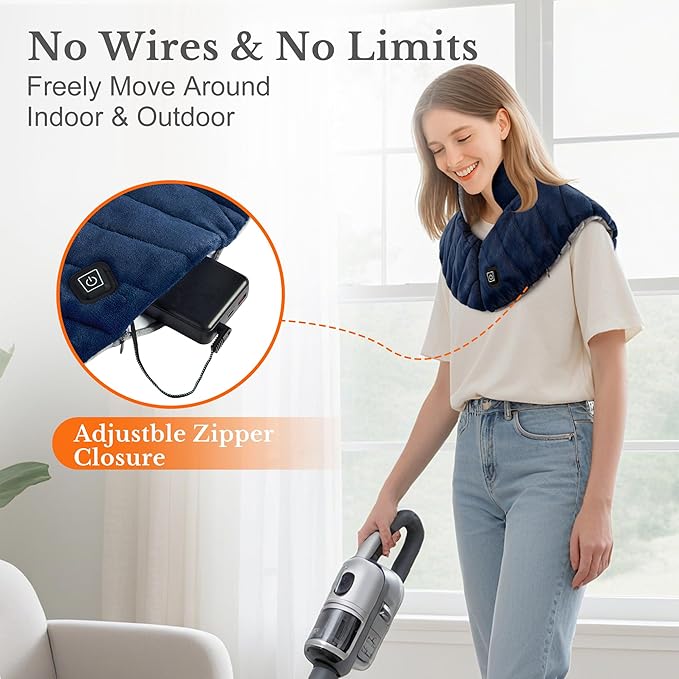 Portable Cordless Heating Pad for Neck Shoulders &amp Back - Rechargeable Battery Operated Heating Pad with 3 Heat Settings Birthday Gift for Women Weighted Neck Warmer for Pain Relief (Navy Blue)