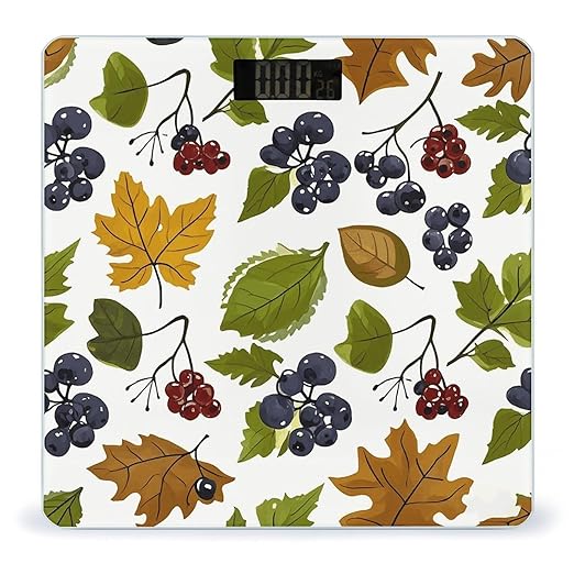 Leaves and Berries Scale for Body Weight Sturdy Tempered Glass Weighing Scales with LCD Display Accurate Digital Bathroom Scale Convenient Body Fat Smart Scales Easy Read