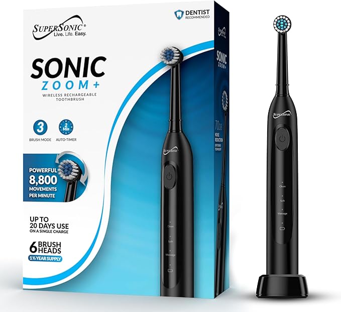 Supersonic TB-1000 Sonic Zoom+ Advanced Rotating Electric Toothbrush | 8800 OPM | Wireless Charging | 3 Cleaning Modes | 6 Brush Heads | Auto Timer | Travel Case | Black