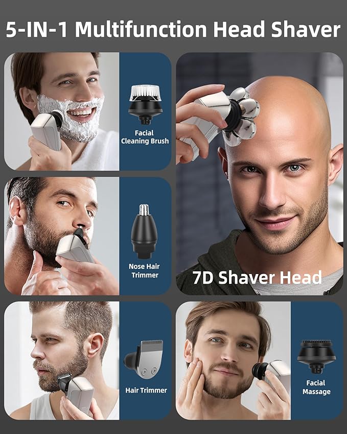 7D Electric Bald Shaver - 5-in-1 Dry/Wet Men's Head Shaver with Led Display &amp IPX7 Waterproof Detachable Rechargeable Razor