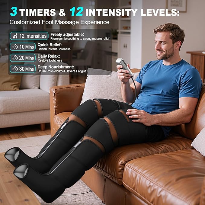 Leg Massager with Heat and Compression Foot Massager for Circulation and Pain Relief 3 Timers 12 Intensity 6 Modes3 Heating with Knee MassagerMother's Day Gifts for Man WomanBlack
