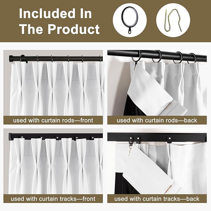 Pinch Pleated Curtains Blackout Two Pages Pinch Pleated Drapes for Bedroom Living RoomBlack Liner Thermal Insulated Draperies with Hooks&ampCurtain Ring W40 x H84 Inch Greyish White