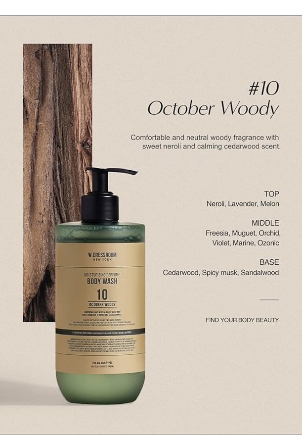 W.Dressroom Perfume Body Wash Moisturizing Cleanser with Refreshing Scent Gentle Hydrating Shower Gel Korean Skincare No.10 October Woody Scent 16.9 fl oz (500 ml)