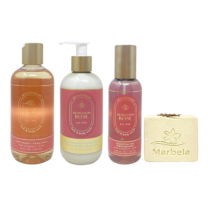 Bath &amp Body Works Aromatherapy Heirloom Rose - Body Wash + Foam Bath - Mosturizing Body Lotion and Essential Oil Perfume Mist - with a Creamy Rose Bar Soap