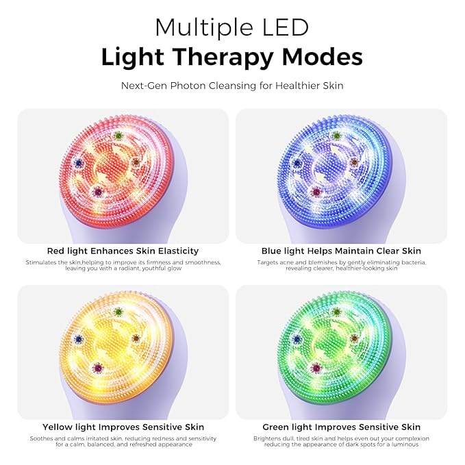 Face Scrubber Facial Cleansing Brush - Waterproof and Rechargeable Face Cleansing Brush with 4 LED Gentle Light Cleansing Exfoliating and Massaging Electric Face Scrub Brush for Men &amp Women