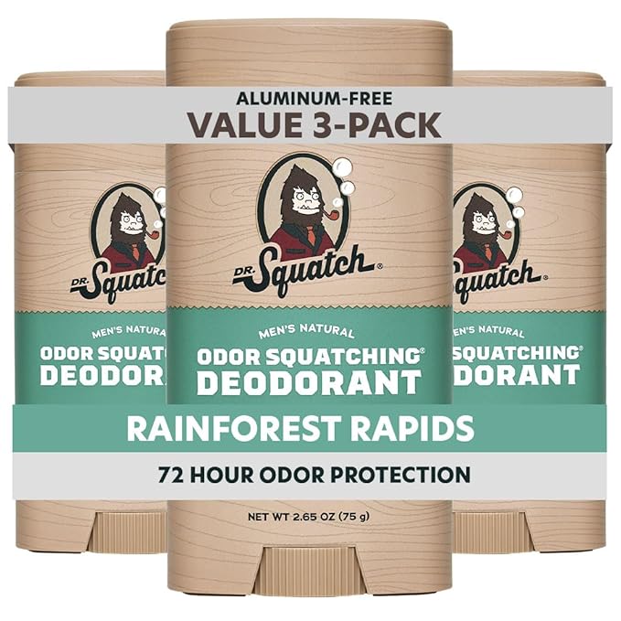 Dr. Squatch Natural Men’s Deodorant – Aluminum Free Natural Deodorant Men with Charcoal &amp Postbiotics for 72-Hour Odor Protection – Rainforest Rapids 2.65oz Stick (3-Pack)
