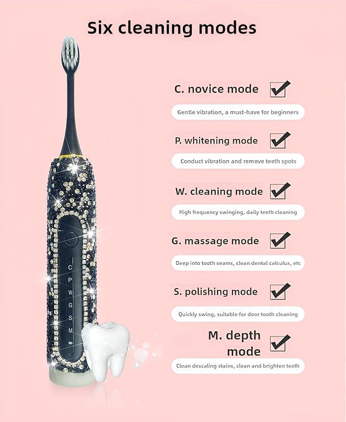 Electric Toothbrush for Woman Black Bling Diamond Decor Everyday Luxury Limited Edition Portable Travel Essentials for Women Black Toothbrush with 3 Replacement Heads 6 Modes