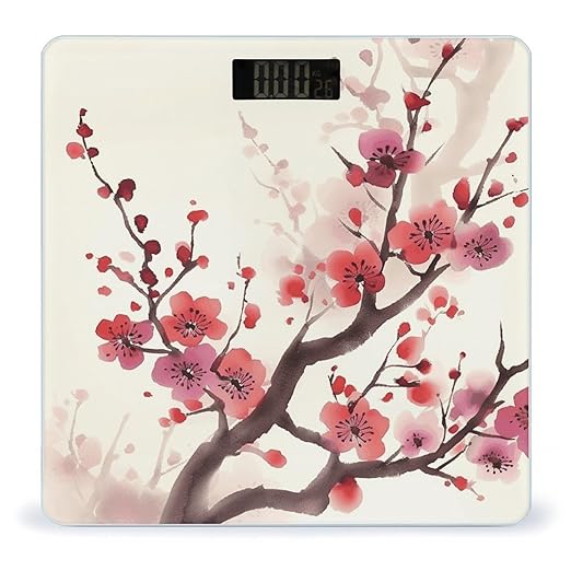 Japanese Spring Plum Floral Weight ScaleClear LED Display Bathroom Digital Weighing ScaleTempered Glass Digital Bathroom Scale for Body Weight Capacity Up to 400 Lbs