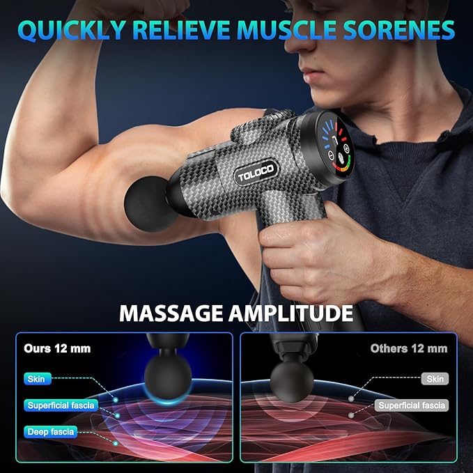 TOLOCO Massage Gun Deep Tissue Back Massage for Athletes for Pain Relief Percussion Massager with 10 Massages Heads &amp Silent Brushless Motor Valentines Day Gifts for Him Her Carbon