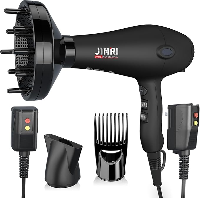Blow Dryer - JINRI 1875W Diffuser Hair Dryer for Salon &amp Personal Use – Powerful Fast Drying with Diffuser and Comb &amp Nozzle for Women &amp Men ALCI Safety Plug Black