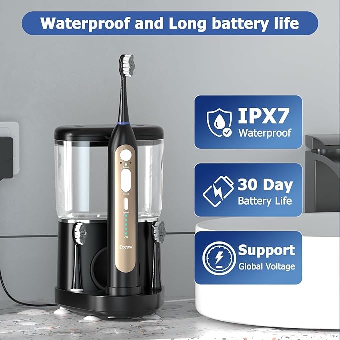 Electric Toothbrush with Water Flosser Upgraded 2.0 Electric Toothbrush for Adults 5 Floss Speeds &amp 3 Modes with 3 Brush + 1 Nozzle 500ML Tank IPX7 Waterproof for Braces &amp Gum Care (Black