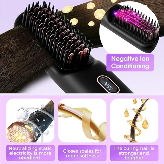 Cordless Hair Straightening Brush USB Ceramic Heating Straight Hair Comb 2-in-1Negative Ion Hair Straightening Comb(White)