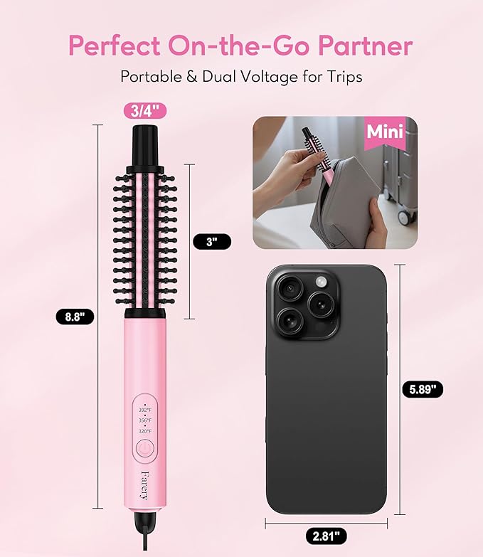 Farery Mini Thermal Brush 3 Temperature Adjustable 3/4 Inch Travel Curling Iron for Short Hair Heated Round Brush for Touch ups and Small Curls Travel Size Curling Wand Dual Voltage Pink