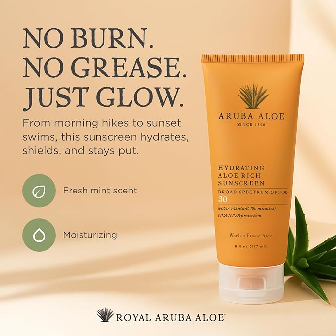 Aruba Aloe Hydrating Aloe Rich Sunscreen SPF 30 - Broad-Spectrum UVA/UVB Sunblock Lotion - Lightweight Water-Resistant Non-Greasy Sun Protection for Face and Body - 6 oz