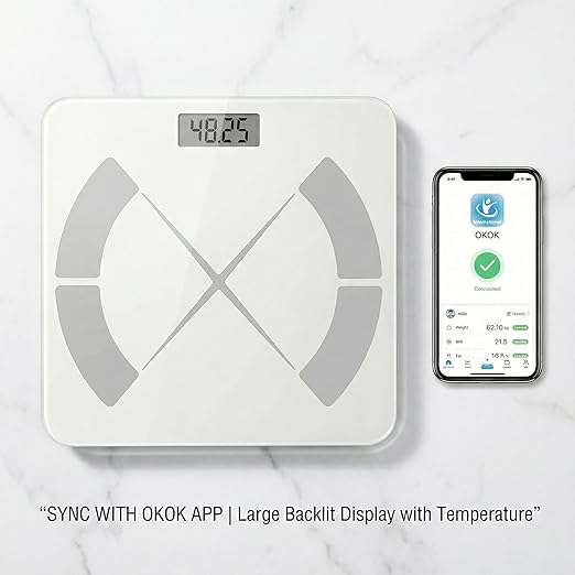 Smart Body Scale - Bluetooth Bathroom Scale with 18 Body Metrics &amp Trend Tracking Thickened I-Beam Design Large Tempered Glass 400 lbs Capacity (White)