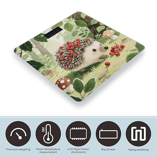 Berry - Collecting Hedgehog Bathroom Scale for Body Weight Bathroom Digital Electronic Weighing Scale with Back Lit LED Display Sturdy Tempered Glass Weight Watchers Scales 400lb