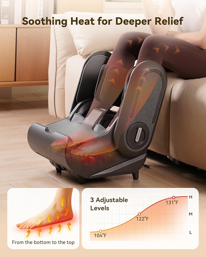 2 in 1 Shiatsu Foot Massager Machine Foot and Calf Massager with Adjustable Heat Deep Kneading Therapy Vibration Compression for Plantar Fasciitis Neuropathy Gifts for Women Man up to Size 14