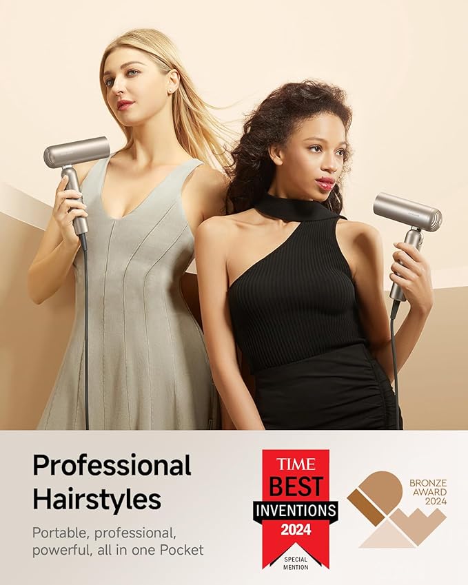 DREAME Pocket Pure High-Speed Hair Dryer Lightweight Foldable Blow Dryer with 110000 RPM Motor Ionic Care 5 Modes Travel Bag Quiet Fast Drying for Frizz-Free Hair