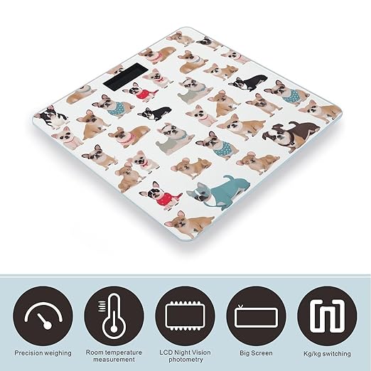 Cute Chihuahua Pug Pattern Scale for Body Weight Digital Bathroom Scale Toughened Glass High Precision Scales for Body Weight with Large LCD Backlight Display Weight Scales