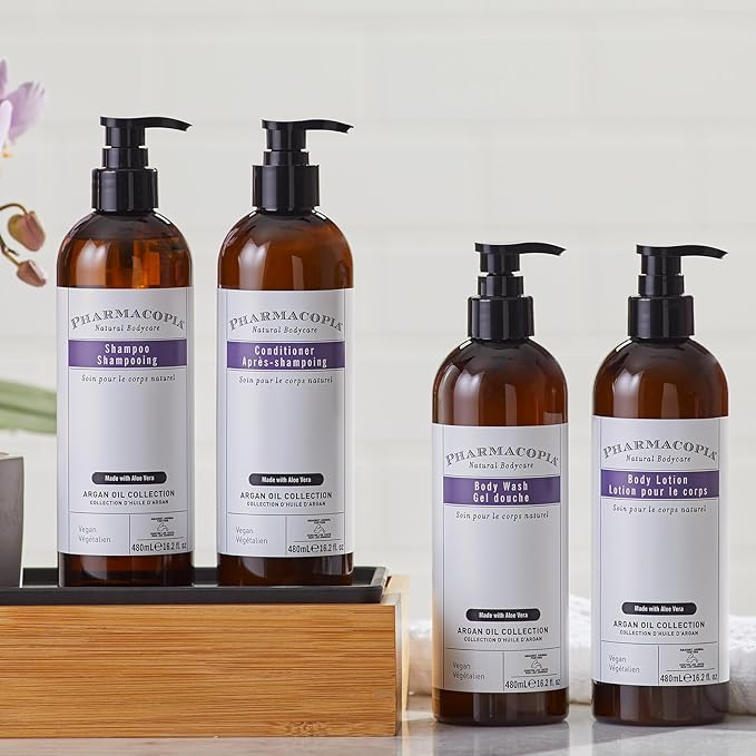 Pharmacopia Hotel Argan Oil Body Wash &amp Body Lotion Bundle – Hydrating Aromatherapy Body Care - Plant Based &amp Organic Ingredients – Vegan Cruelty Free No Parabens Set of 2 16oz Bottles