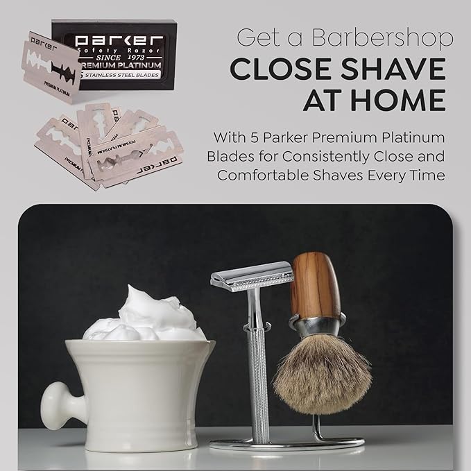 Parker 78R Double Edge Safety Razor with 5 Safety Razor Blades Women &amp Men’s Safety Shaving Razor Reusable Razor Plastic Free – CHROME