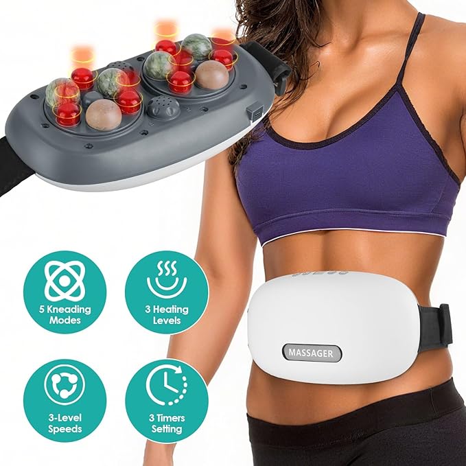 Stone Abdominal Massager - Dual Rotating Heads with 6 Red Lights 5 Modes 3 Speeds 3 Heat Settings 2500mAh Rechargeable Adjustable Belt for Menstrual/Bloating Relief