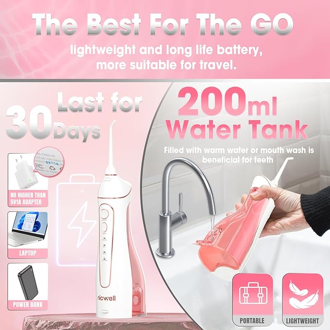 Water Dental Flosser Cordless for Teeth - Nicwell 4 Modes Dental Oral Irrigator Portable and Rechargeable IPX7 Waterproof Powerful Battery Life Water Teeth Cleaner Picks for Home Travel