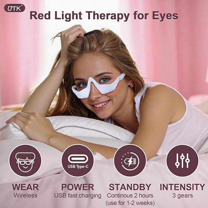 UTK Under-Eye Red Light Therapy Glasses for WomenEye Massager for Dark Circles Eye Bags Puffiness Wrinkles Fine Lines39g Ultra Lightweight RechargeableGift for Women Mom Girlfriend