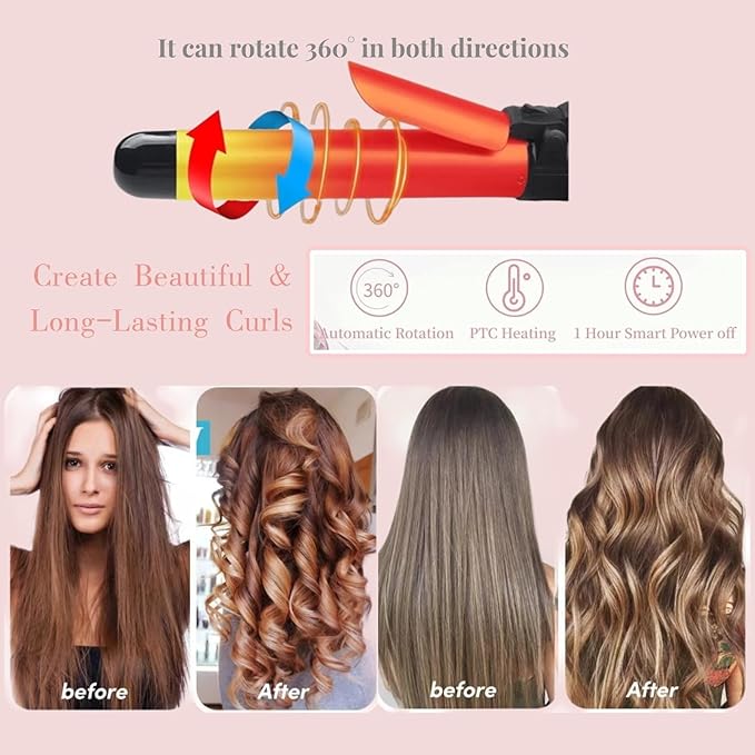 Automatic Curling Wand 28mm/1.1 inch Rotating Curling Iron for Short Long Hair LED Display Professional Waver Hair Fast Heating (Rose Gold)