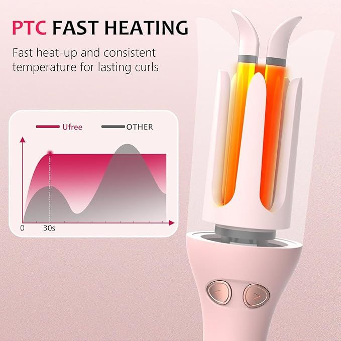 Ufree Automatic Rotating Curling Iron 1 Inch Ceramic Curling Wand 1-Click Hair Curler with 3 Heat &amp Timers Anti-Scald Design 1M Ionic Care Dual Voltage for Travel Beach Waves Rose Gold