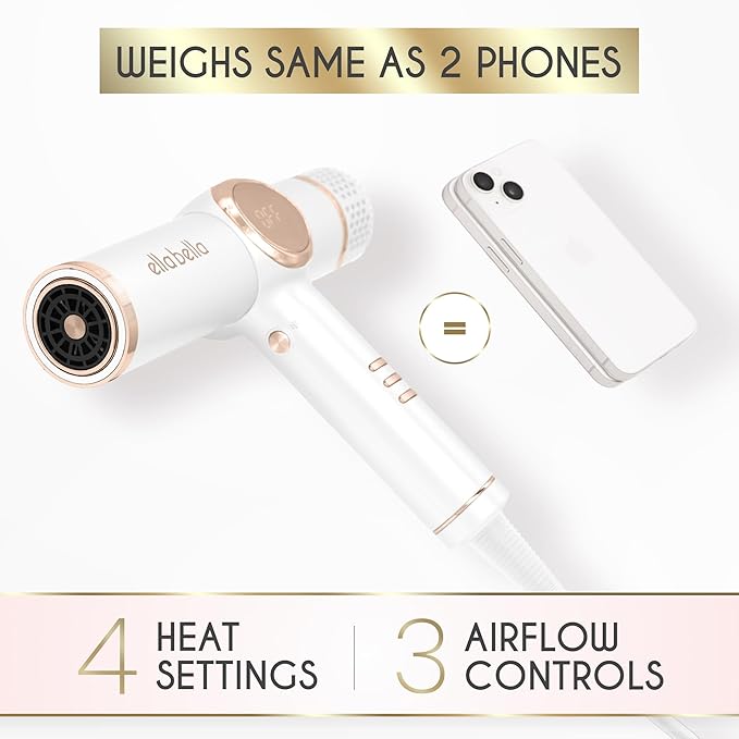 ELLA BELLA® Professional Ionic Hair Dryer with Diffuser • Negative Ion Blow Dryer • Suitable All Hair Types • Intelligent Heat Control &amp Rapid Drying Speeds • Lightweight Design • Low Noise Techno