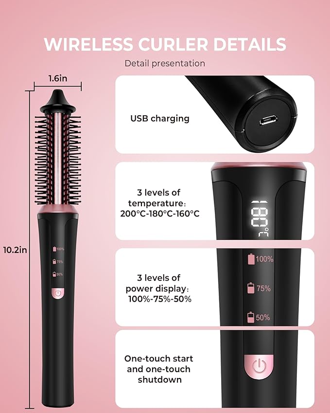 Cordless Curling Brush4000 mAh USB Cordless Hair Curler with 3 Temp Setting Mini Travel Curling Iron Rechargeable Ceramic Battery Powered Curling Iron