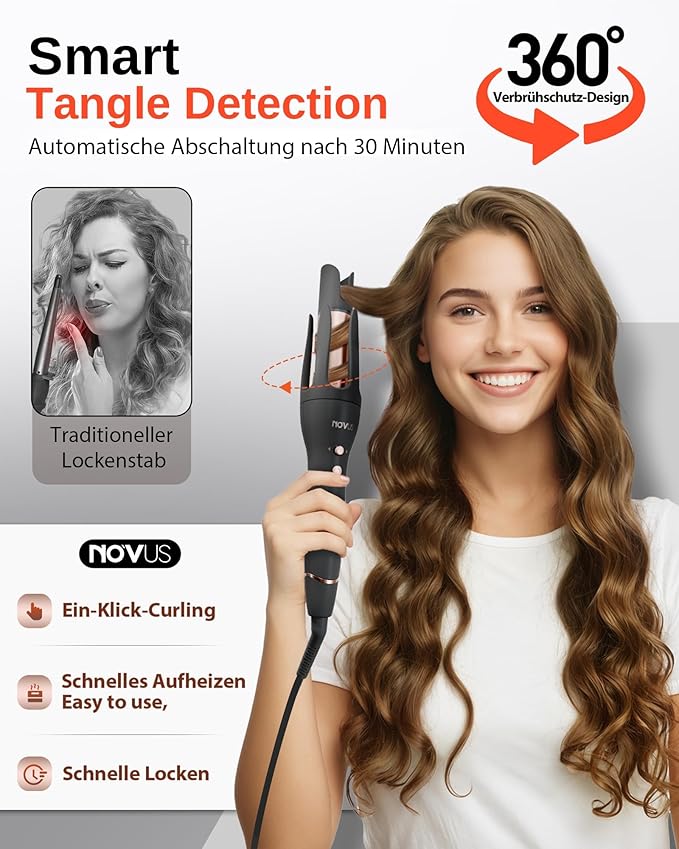 NOVUS 1.25 Inch Automatic Rotating Curling Iron for Effortless Waves and Beach Curls Auto Hair Curler with 60M Ions Anti-Scald Fast Heating for Hair Styling (Black)