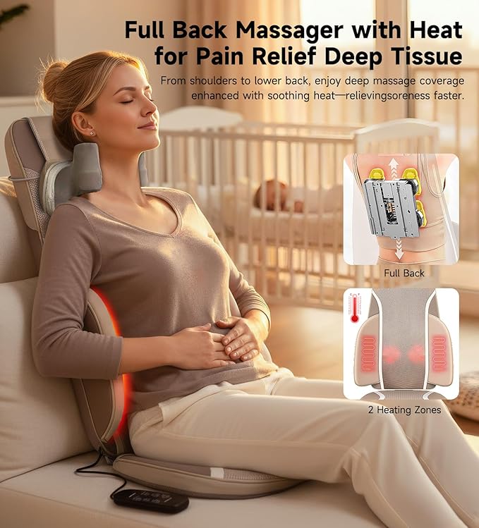 Flekzo Shiatsu Back &amp Neck Massage Chair Seat Cushion with Heat – 4D Kneading Adjustable Intensity Adjustable Neck Height Full Back Pain Relief Deep Tissue Office Chair Massager Brown