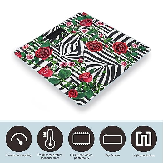 Black White Stripes Red Rose Flowers Scale for Body Weight Smart Scales Digital Bathroom Scale High Precision Weighing Scales with Large Display Weighing Machine for People