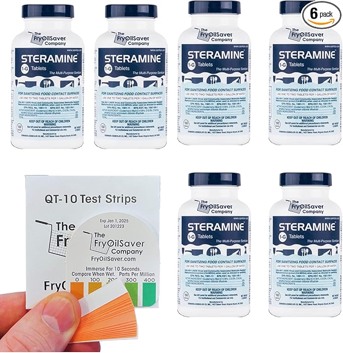 Pack of 6 (900 Tab) Steramine Sanitizing Tablets w/ 30x QT-10 Test Strips by FryOilSaver Co. Steramine Multi Purpose Contact Solution Sanitizer Tablets for Gym Hotel Bar Restaurants &amp Food Ser