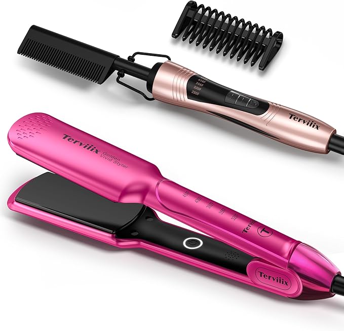 Terviiix Flat Iron Hair Straightener 1-3/4 Inch Wide Plate &amp Terviiix Electric Hot Comb for Lace Front Wigs Pressing Combs for Black Women Hair
