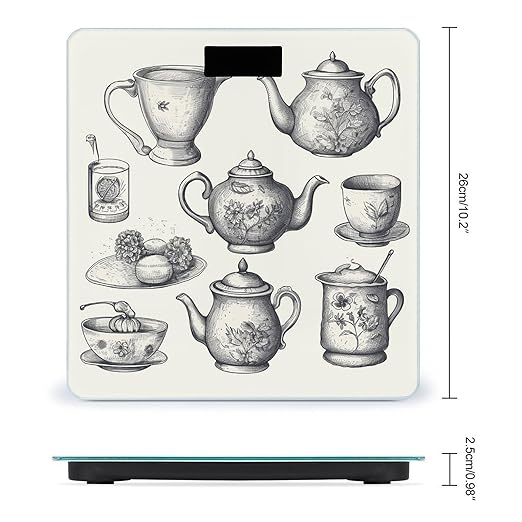 Hand Drawn Teapots and Cups Weight Scale Large Bathroom Scales Digital Weight with Bright LED Display Non Slip Automatic Weighing Scale Fashion Weighing Machine for Body