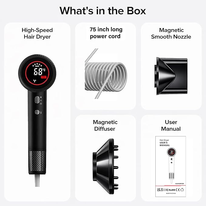 Hair Dryer Professional Ionic Hair Dryer 1600W Ultra-Fast Drying 500 Million Negative Ions Low Noise 160000 RPM Compact Blow Dryer with Magnetic Diffuser (Night Black)