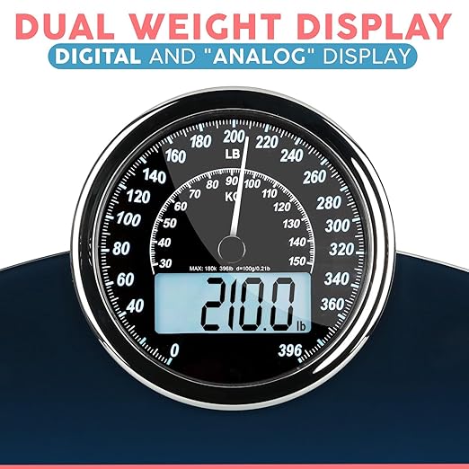 Adamson Hybrid 2-in-1 Analog &amp Digital Weighing Scale for Body Weight up to 400lbs - Thick Tempered Glass - Extra Large Display - Easy to Read Digital Bathroom Scale - Blue with Black Backlight