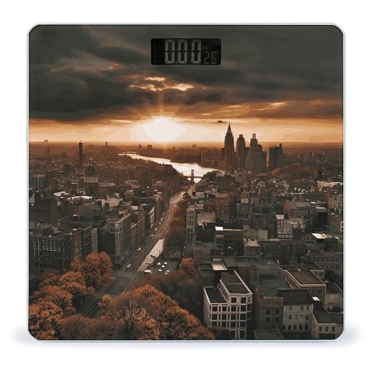 York City Sunset Picture Bathroom Scale for Body Weight with High Precision Large LCD Backlight Display Digital Weighing Scale with BMI Capacity Up to 180kg